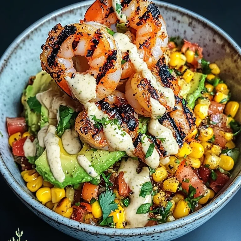 Grilled Shrimp Bowl with Avocado, Corn Salsa & Creamy Sauce