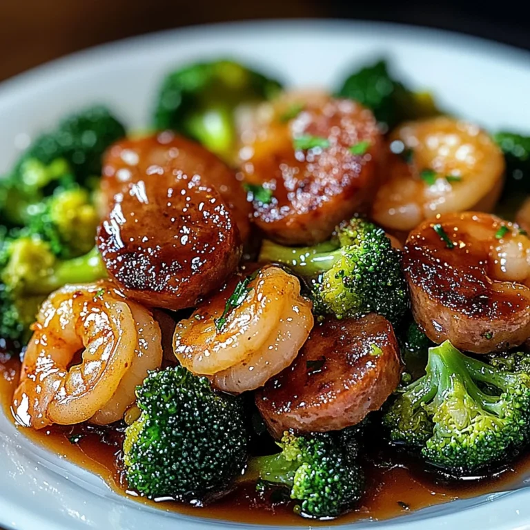 Honey garlic shrimps, sausage and broccoli